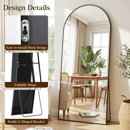 Homsion 81"x41" Arched Full Length Mirror with Stand, Free Standing Leaning Wall Mounted Aluminum Alloy Frame Mirror for Bedroom Living Room Cloakroom, Black