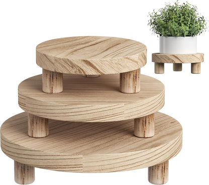 3 6/8/10" Counter Pcs Wood Plant Stand Indoor Outdoor, Wooden Stool Display Stand Round Riser Flower Pot Holder Small