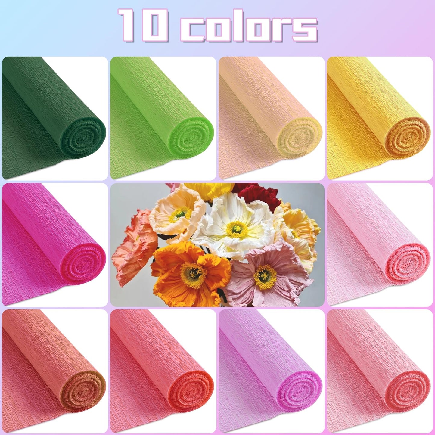 10 Roll Crepe Paper Streamers Rolls,10 Rainbow Colors,Floral Wire Ribbon Included,DIY Papel Crepe Flower Kit for Birthday, Wedding, Valentine's Day(9.8x98Inch/Roll) (Rainbow Colors)