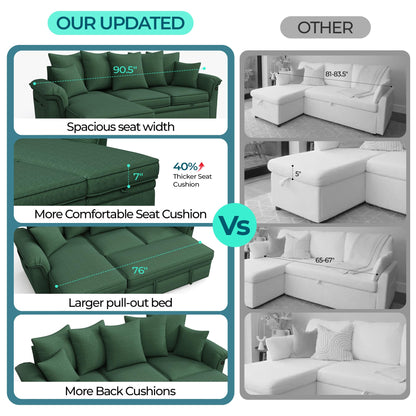 LINSY HOME 90.5'' Sectional Sleeper Sofa with Pull Out Couch Bed Modular (Green, 90.5'')