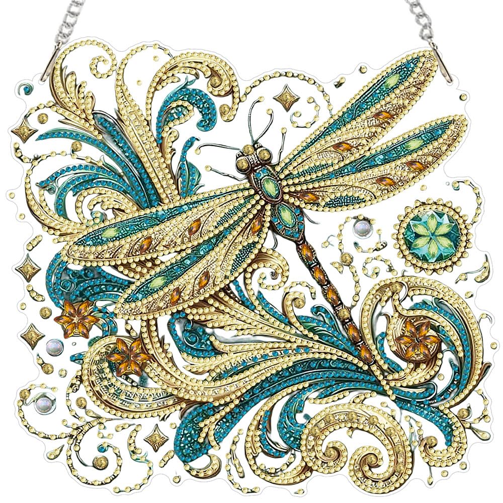 LPDJITO Dragonfly Diamond Painting Kits Hanging Pendant, Flower & Dragonfly Crystal Diamond Art Hanging Sign, Double-Sided Pattern Craft Ornament for Home Decoration and Gift