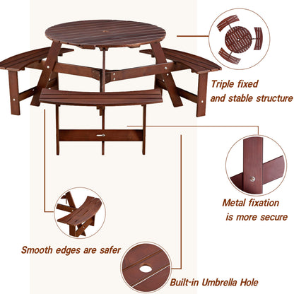 Royard Oaktree 6 Person Wooden Picnic Table, Outdoor Round Picnic Table with 3 Built-in Benches and Umbrella Hole, Outside Table and Bench Set for Backyard, Garden, Porch, Patio, Brown