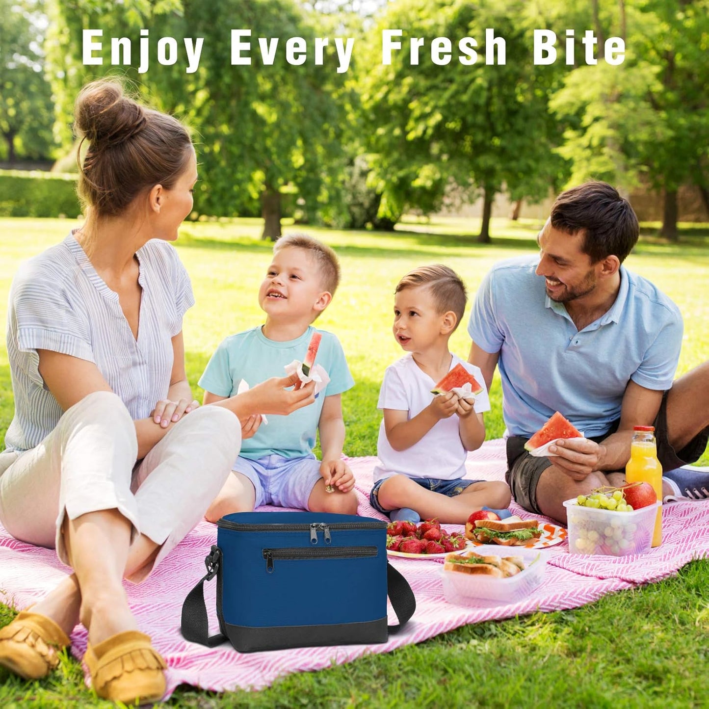 BuyAgain Navy Blue Lunch Bag, 600D Poly Small 6 Can Insulated Reusable Cooler Bag with PEVA Water-resistant Lining