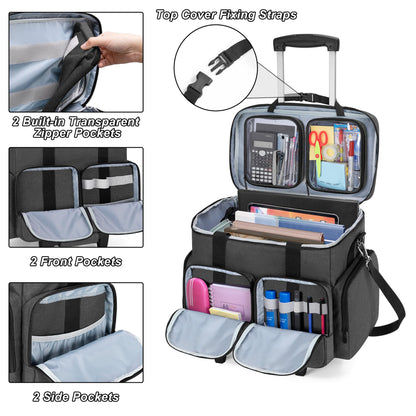 CURMIO Rolling Teacher Tote Bag with Padded Laptop Compartment for up to 15.6 Inches Laptop, Wheeled Teacher Bag for Teaching, Office, Craft, Black
