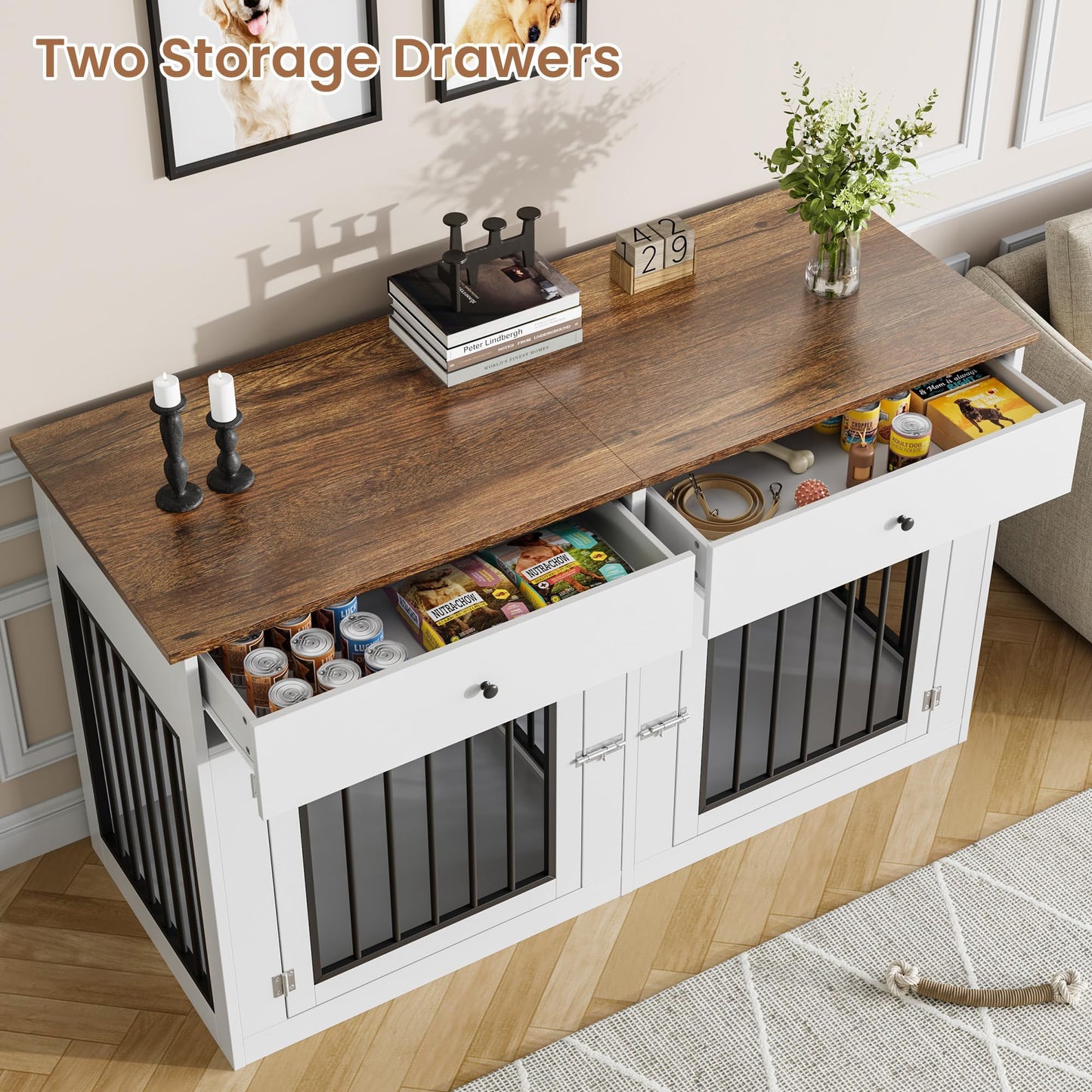 Dog Crate Furniture for 2 Dogs, 60" Farmhouse Dog Kennel Furniture with 2 Large Drawers, Indoor Dog Cage & TV Stand, Wooden Double Dog Crates for Small Medium Dogs, White
