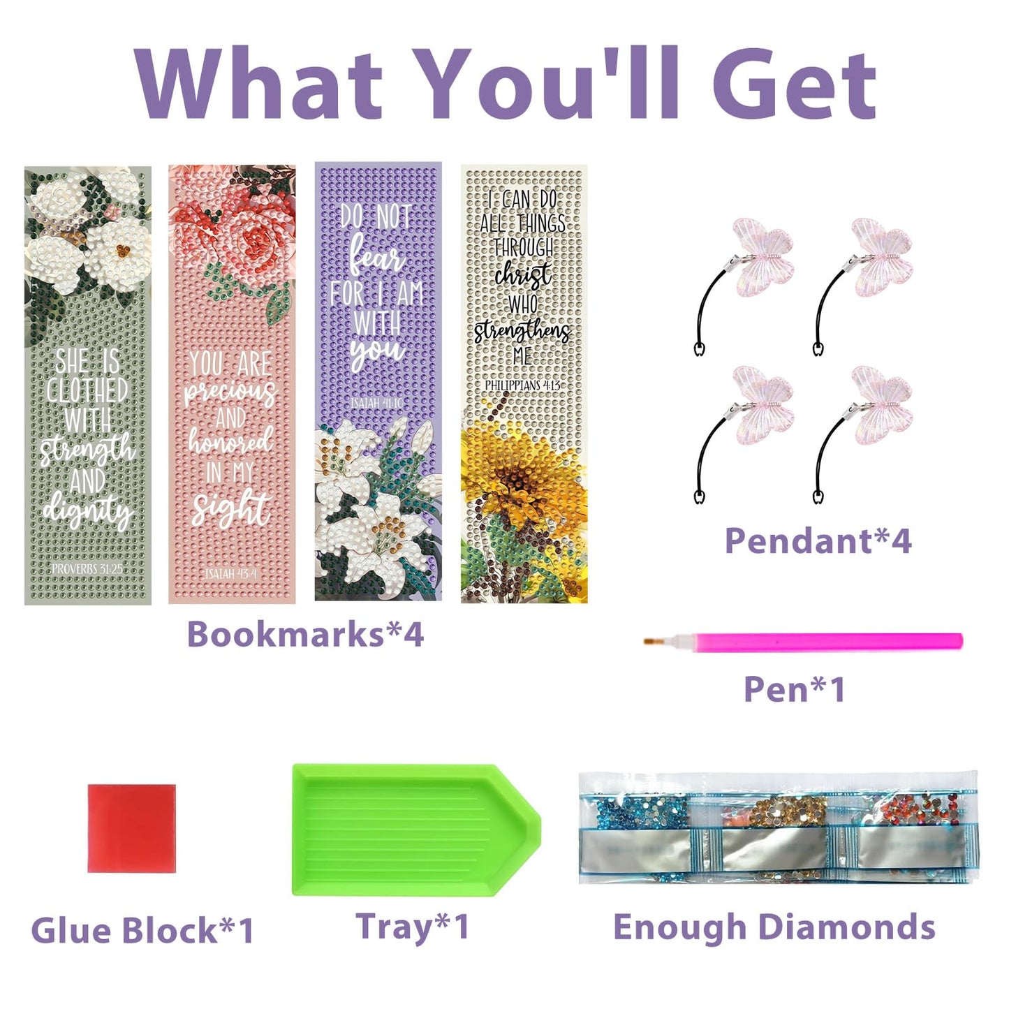 4 PCS Bible Diamond Painting Bookmarks, Flowers Diamond Art Bookmarks for Adults with Pendant, 5d Gem Art, Acrylic Bookmark Easy DIY Crafts for Books Decor Gift