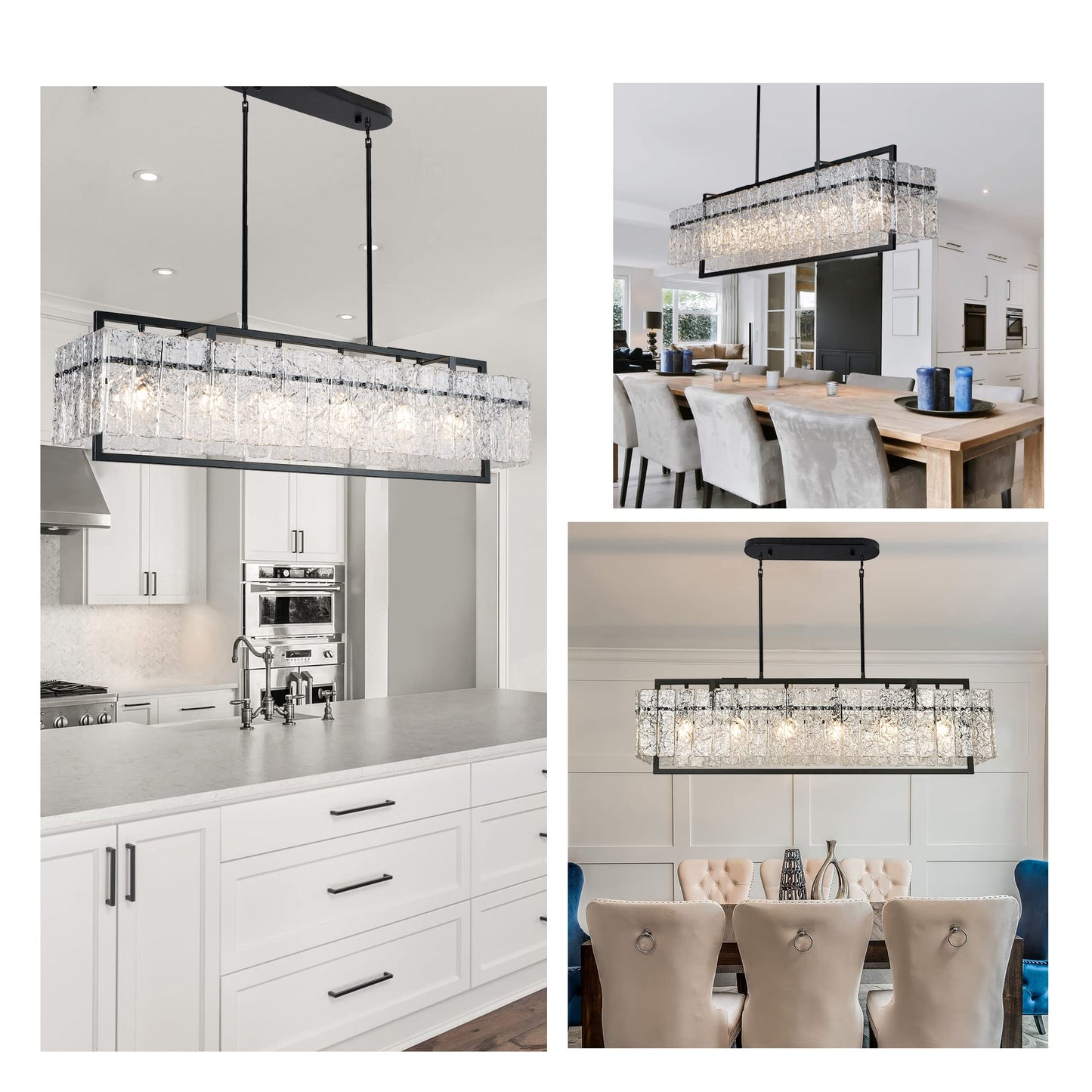 IKK Modern Rectangle Black Crystal Chandeliers for Dining Room, 42" Large Rectangular Water Ripple Glass Island Light Fixture, Linear Farmhouse Lighting for Kitchen Island, Living Room, L42xW11xH12