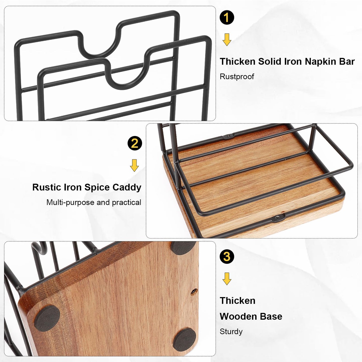 Livabber Napkin Holder, Metal Napkin Storage with Salt and Pepper Shakers Caddy Modern Napkin Dispenser for Table Kitchen Countertop, Not Including Salt and Pepper Shakers (Middle Wooden, Black)