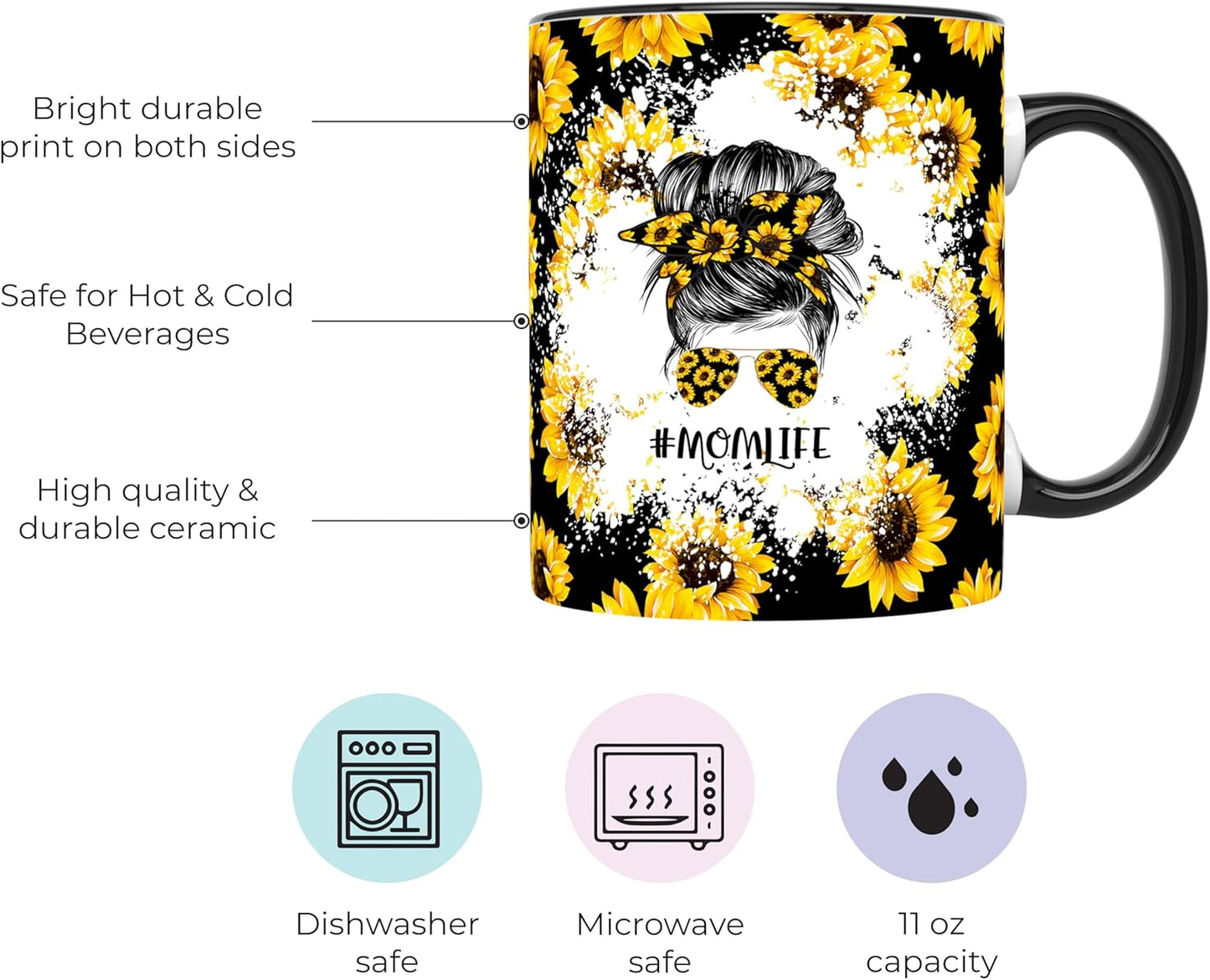 YouNique Designs Sunflower Mom Mug, 11 Ounces, Unique Mothers Day Coffee Mug from Daughter and Son, Black Handle