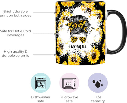 YouNique Designs Sunflower Mom Mug, 11 Ounces, Unique Mothers Day Coffee Mug from Daughter and Son, Black Handle