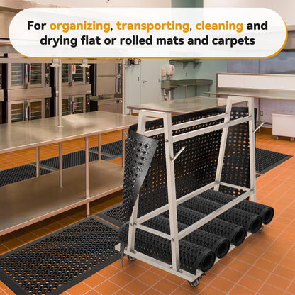 Wash Rack and Mat Transporter, Floor Mat Cart with Casters Commercial Floor Mat Rack with Four Short Rods 42“ L x 28” W x 40“ H