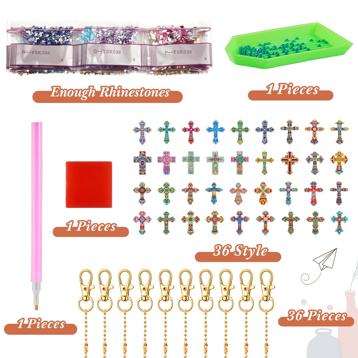 Sureio 36 Pcs Cross Diamond Painting Keychains 5d Double Sided Cross Shaped Diamond Art Keychains for DIY Adults Crafts Home Decor Gift Party Favors