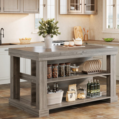 Tribesigns 55" Kitchen Island with Seating and Storage, 3-Tier Farmhouse Wood Stationary Island Table with Large Worktop & Leg Room, Coffee Bar Table with Storage Shelves for Kitchen, Grey