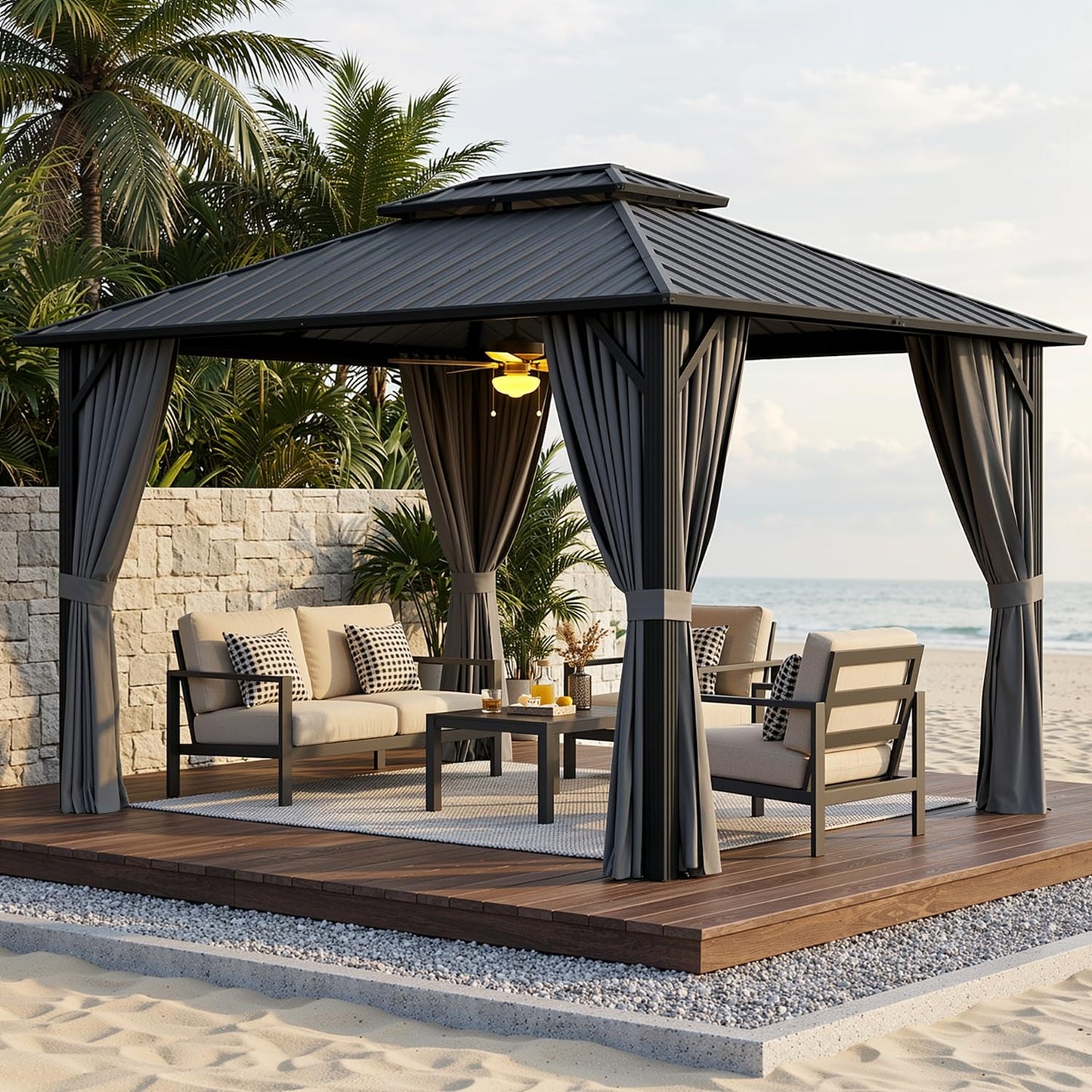 Ahomly 10'x12' Hardtop Gazebo, Aluminum Frame Metal Canopy with Double Roof, Outdoor Gazebo with Breathable Netting & Privacy Curtains, Pavilion for Patios for Backyard Deck Dark Grey