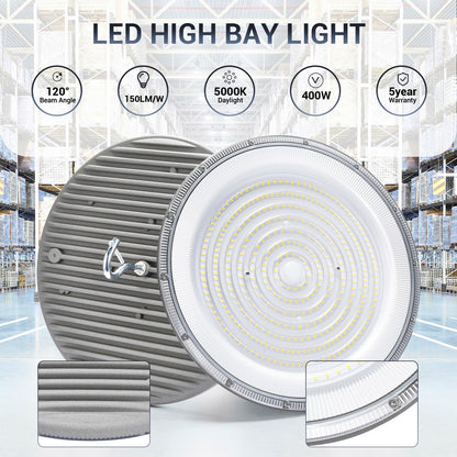 XYCN 6 Pack 400W UFO Led High Bay Light,120VAC,5000K Daylight Commercial Bay Lighting,IP66 Waterproof,61050LM,1750W MH/HPS with Plug Area Lighting for Warehouse/Shop/Workshop/Barn/Gym/Factory