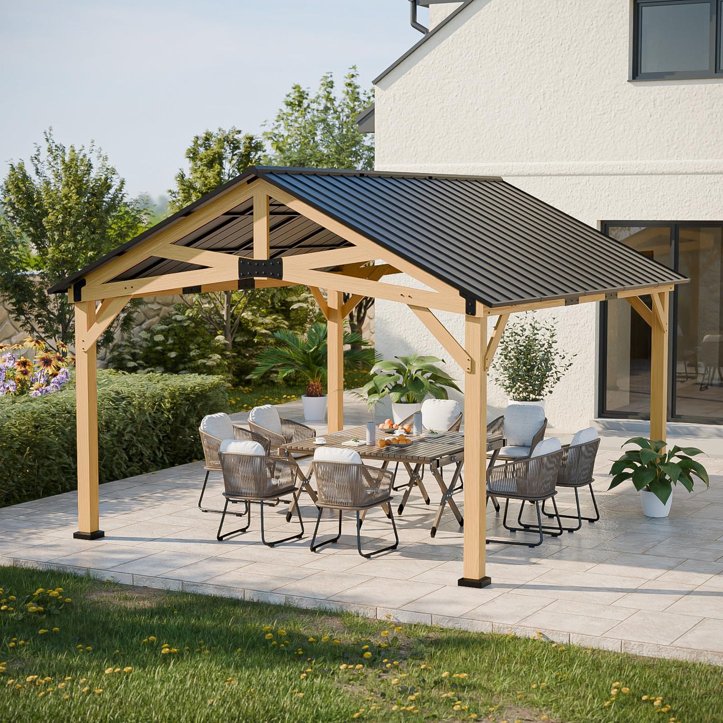 EAGLE PEAK 13x15 Hardtop Gazebo, Exposed Beam Rustic Gazebo, Galvanized Steel Gable Roof with Cedar Wood Frame, Outdoor Pavilion for Patio, Deck, Lawn and Garden Natural Wood/Black