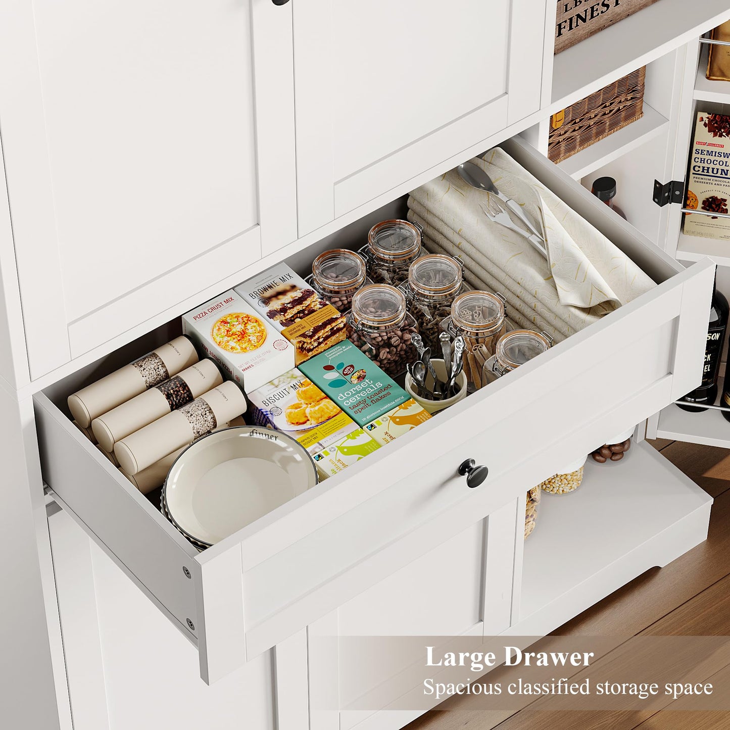 HOSTACK 68" Tall Kitchen Pantry Storage Cabinet, Modern Kitchen Hutch Cabinet with Doors and Shelves, Freestanding Food Pantry with Large Storage Drawer for Dining Room, Living Room, White
