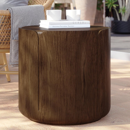 KEIKI Round MGO Outdoor Indoor Coffee Table, Mid Century Modern Side Table with Pedestal & Tabletop, Small Waterproof Center Drink End Tables for Patio Garden Living Room, No Assembly Required, Walnut