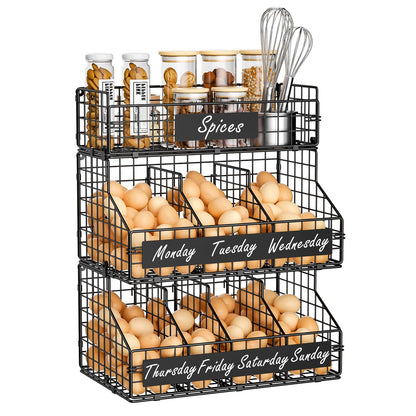 keomaisyto Egg Holder Countertop with 5 Dividers & DIY Nameplate to Separate Eggs, 3 Tier Stackable Wire Storage Baskets for Gathering Fresh Eggs, XXL Large Egg Rack, Wall-Mounted (Patent Pending)