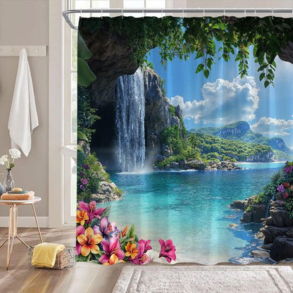 AEMBEE Tropical Ocean Shower Curtain Blue Sea Leaves Floral Hawaii Nature Scenery Landscape Spring Summer Fabric Decorative Bathroom Curtains with Hooks,Blue Green