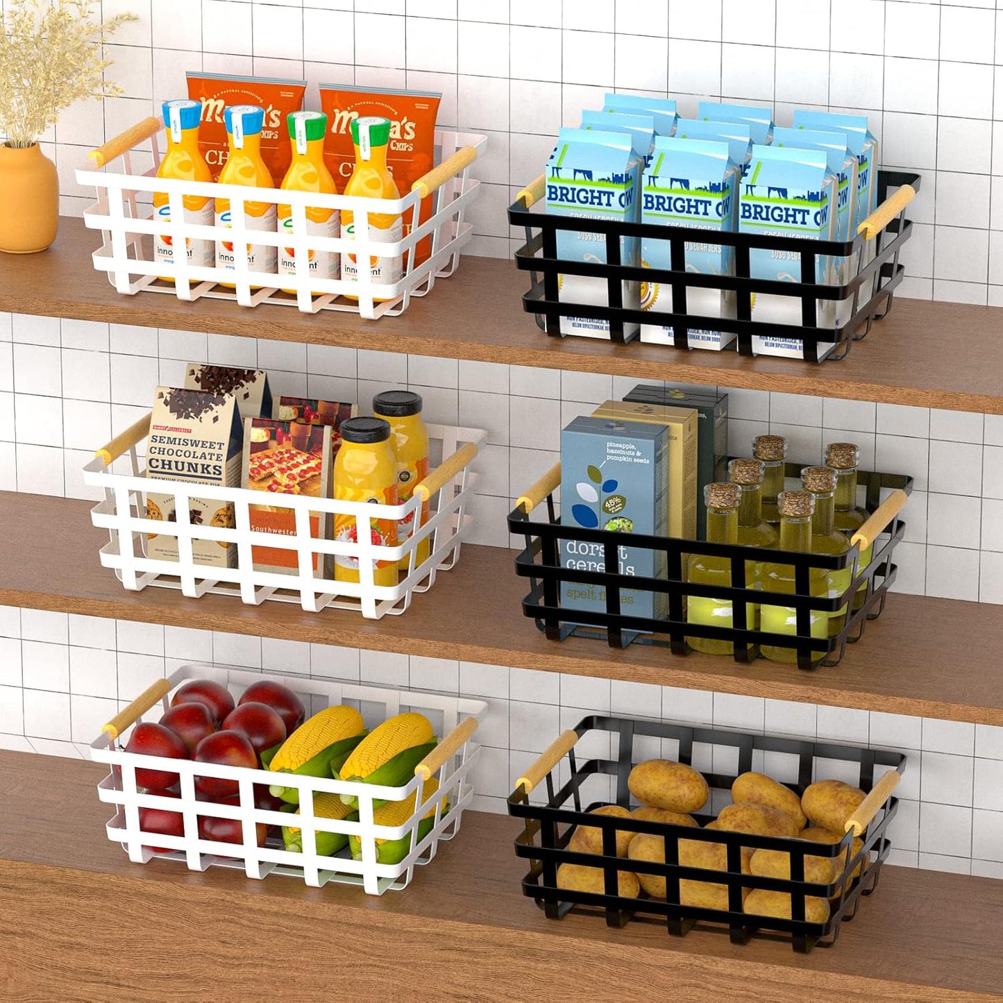 Farmhouse Wire Storage Baskets, Pantry Organizer Baskets with Wood Handle, Metal Bins for Kitchen Pantry (2 Pack)