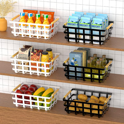 Farmhouse Wire Storage Baskets, Pantry Organizer Baskets with Wood Handle, Metal Bins for Kitchen Pantry (2 Pack)