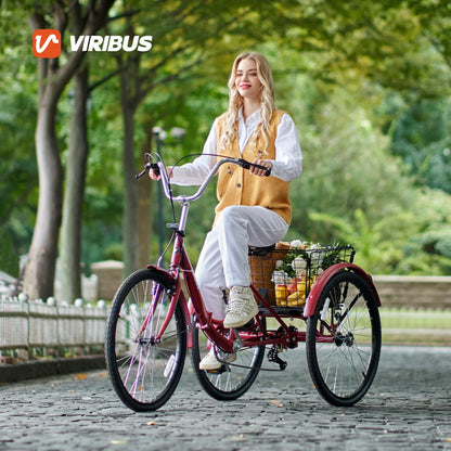 VIRIBUS Folding Tricycle for Adults, 7 Speed Folding Adult Tricycle with Detachable Wheeled Basket, Foldable 3 Wheel Bikes for Adults Women Female Seniors, Collapsible Trike, 24 inch Red, 330 lb.