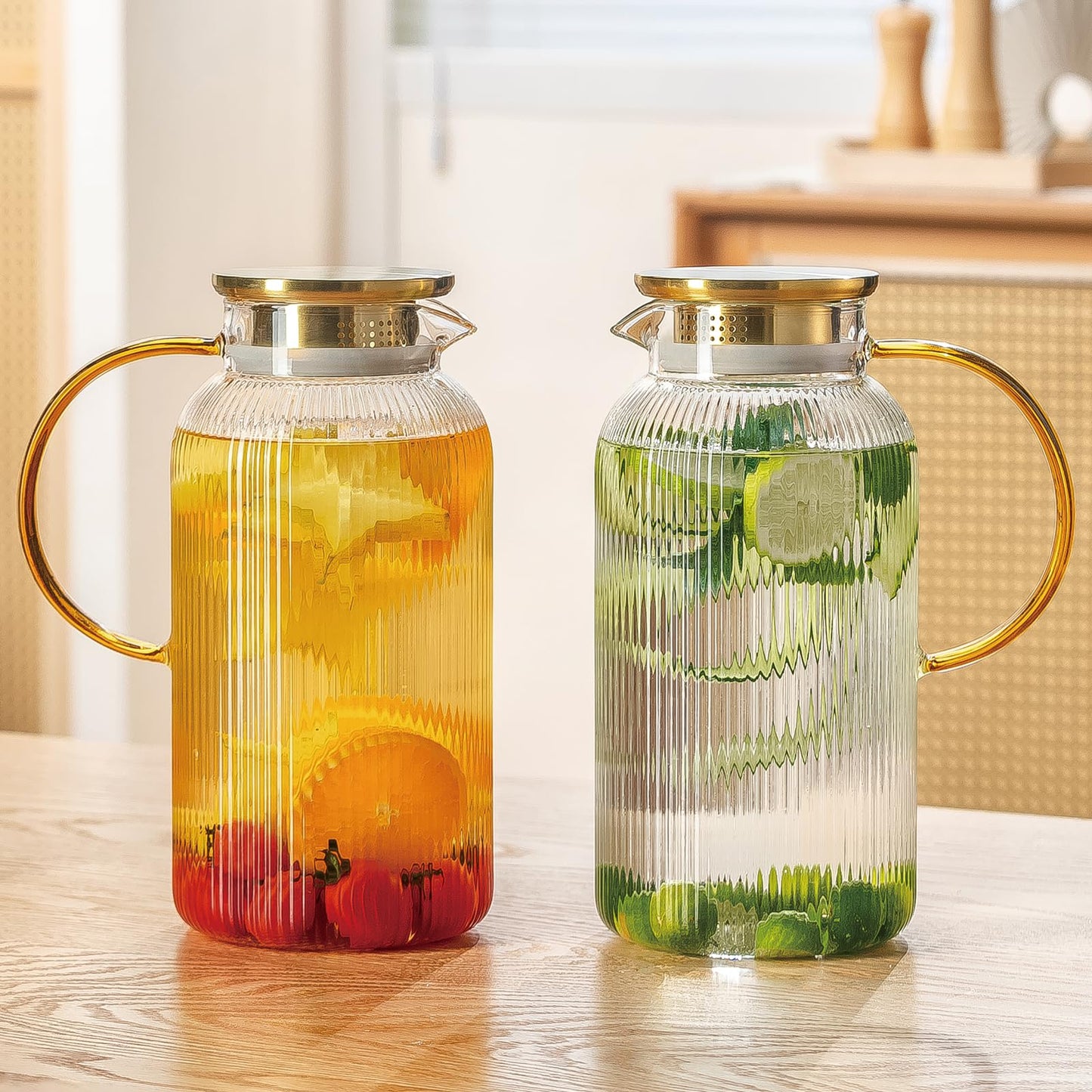 Buaic 2 PACK Glass Pitcher with Lid, 68oz/ 2 Liter Classic Vertical Stripes Water Pitcher with Handle,Glass Water Carafe for Cold Brew, Coffee, Lemonade, Iced Sun Tea,Beverage,Heat Resistant