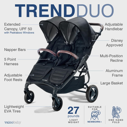 Valco Baby - Trend Duo Double - Side by Side Double Stroller for Newborn and Toddler - Easy Compact Fold, Multi-Position Recline, Large Canopy Infant Twin Stroller 2025 (Night Black)