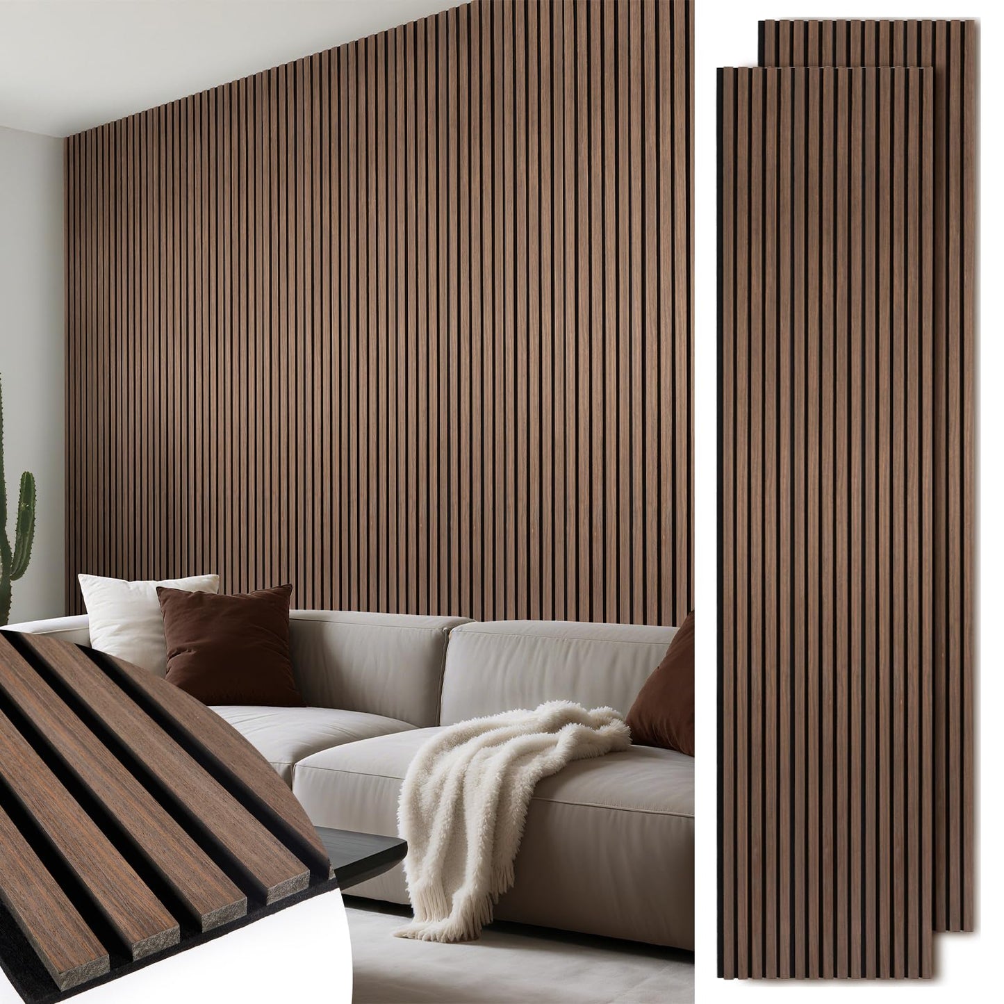 LARWORKS Wood Slat Wall Panels 2 Pack 106" x 23.6", Acoustic Wooden Panel for Wall, Soundproof 3D Fluted Panels for Interior Wall Decor, Living Room, Bedroom - Walnut (Cover Approx.35 sq.ft)