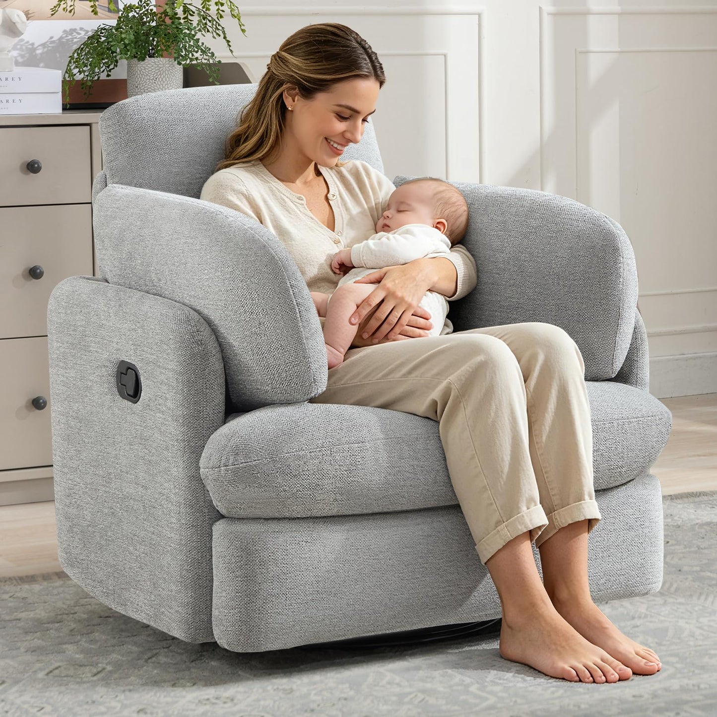 Bonzy Home Manual Recliner Chair, 360°Swivel Rocker Recliner Chair for Adults, Overstuffed Nursery Rocking Reclining Sofa with 2 Pillows and Hidden Storage, Light Grey