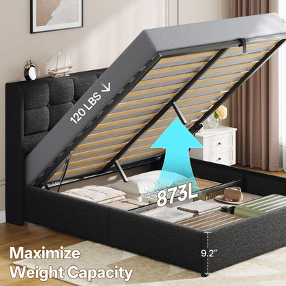 Vinabilia Lift Up King Size Bed Frame with Storage, Upholstered King Bed Frame with Wingback Headboard, No Box Spring Needed, Easy Assembly - Dark Grey