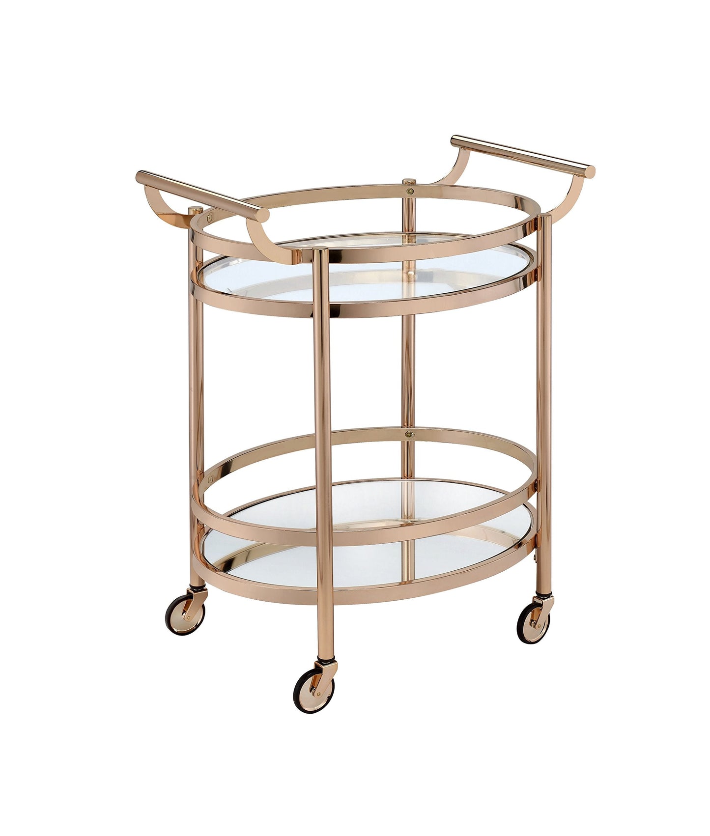 CNPOP Modern Clear Glass & Rose Gold Bar Cart with Wheels, Oval Serving Cart with 2-Tier Shelves & Metal Frame, Mirrored Bottom Shelf, Rolling Drink Cart for Kitchen, Dining Room & Living Room