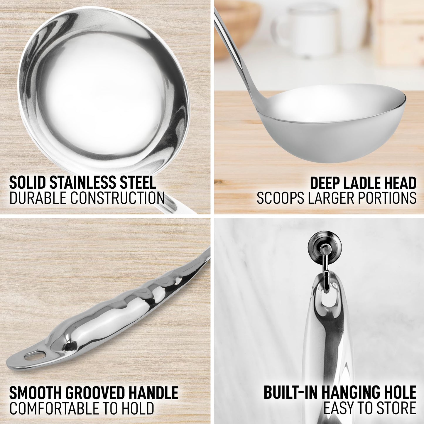 Zulay Kitchen Stainless Steel Soup Ladle - 13” Large Ladle for Soups, Stews & Sauces - Durable, Heat-Resistant, Rust-Proof & Dishwasher Safe Kitchen Utensil with Ergonomic Handle