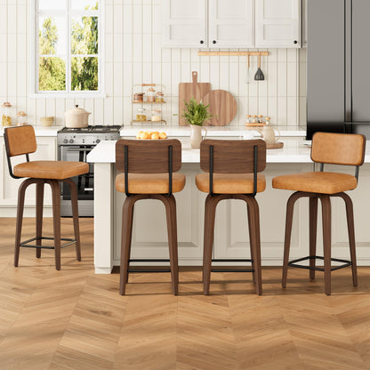 IDEALHOUSE Swivel Bar Stools Set of 4, 26" Upholstered Counter Height Bar Stools with Back and Walnut Wood Legs, Larger Cushion Size 18.3"*17.5", Faux Leather Barstools for Kitchen Counter, Brown