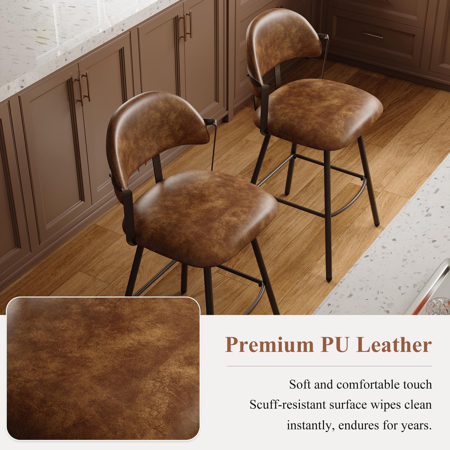 BFZ 26" Bar Stools Set of 3, Modern Swivel Counter Height Bar Chairs with Backs and Metal Legs, Faux Leather Upholstered Barstools for Kitchen Island, Dining Room