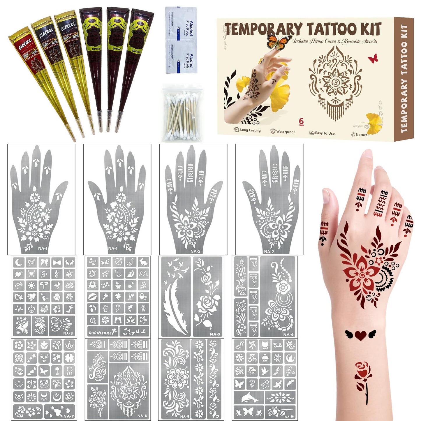 Gabizafia 136 PCS Henna Tattoo Stencil Kit, 6 PCS Ink Brown Black Cherry Red Henna DIY Face Body Art Mehndi Henna Stencils Skin Painting Tattoos Kit for Adult Women Men Bridal Wedding Ramadan Party