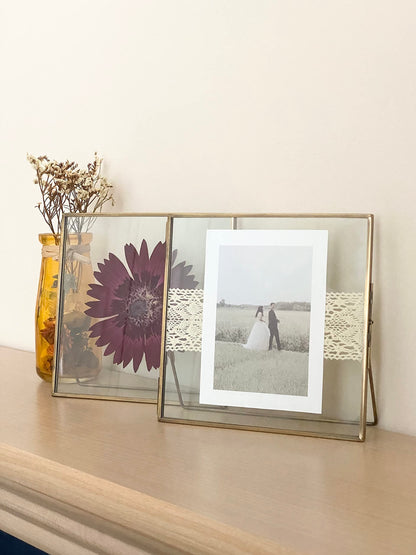 Beedecor Double Glass Frame for Pressed Flowers, Leaf and Artwork,Bronze 6x6 Standing Square Metal Picture Frames, Set of 2 Pressed Flower Frames with Stand (Antique bronze, 6x6)