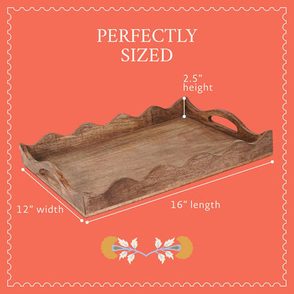 16" 12 2.5 Mela Artisans Ottoman Wooden Serving Tray | Large, Scallop White Burnt | Decorative Mango Wood | Serve