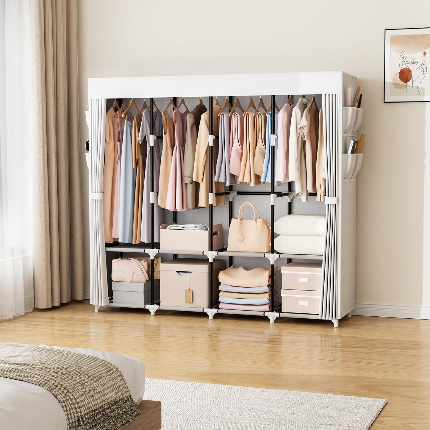 VTRIN Portable Closet for Hanging Clothes 67 Inch Wide Large Capacity Portable Wardrobe Closet with Cover, 4 Storage Shelves and 4 Hanging Rod Sturdy Free Standing Closet for Bedroom, White
