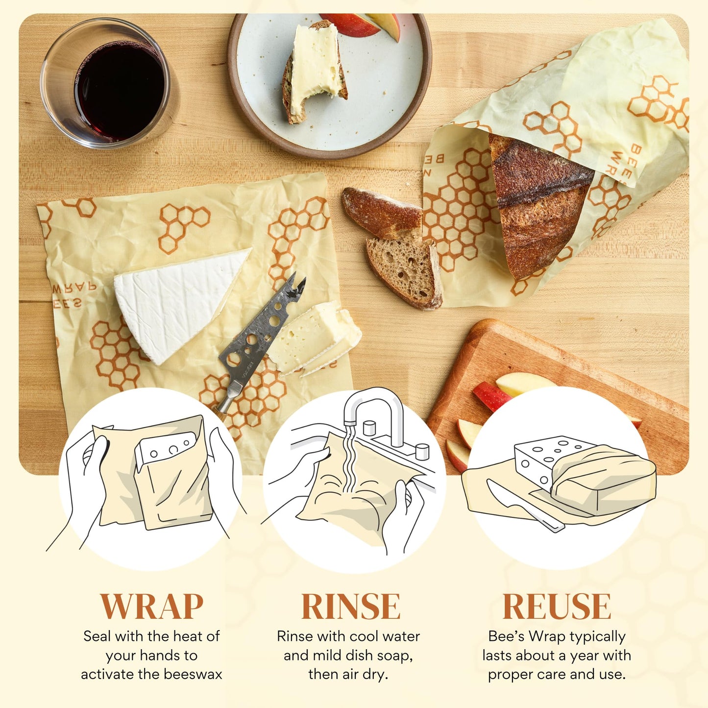 Bee's Wrap Beeswax Wraps for Food - Cut to Size 14x52" Beeswax Wrap Roll - Plastic Free Made in USA Reusable Natural Food Wrap - Honeycomb