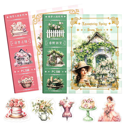 Dreamland Series Sticker Book, 2 Piece Set (Pink & Green), 100 Sheets Aesthetic Washi Stickers for Journaling - Vintage Scrapbooking Supplies for Junk Journal, Planner, DIY Arts & Crafts