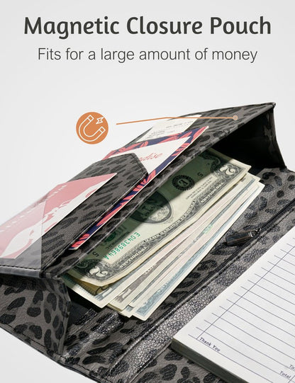 Server Book for Waitress Book with Zipper Pocket and Magnetic Closure, 5"×9" Grey Leopard Cute Server Wallet with Money Pocket, Restaurant Waitstaff Organizer Fit Server Apron