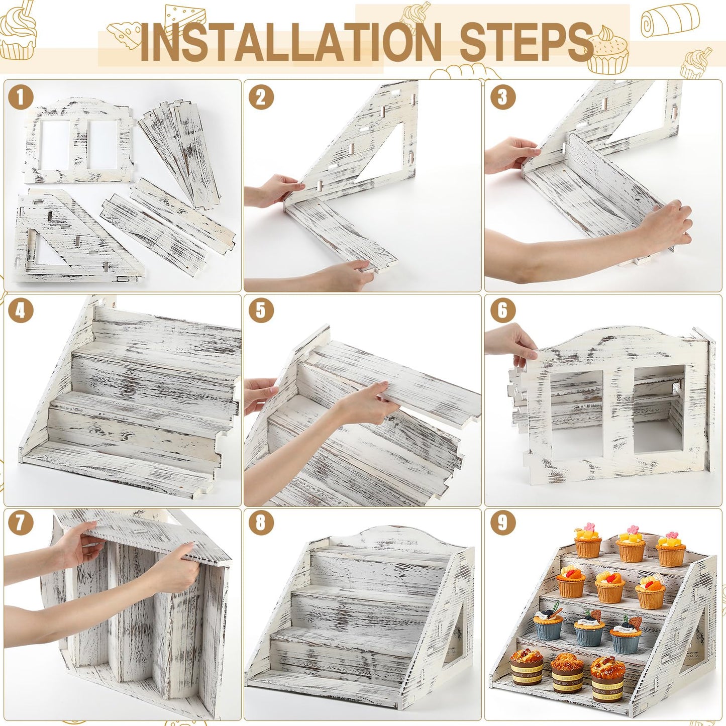 Jetec 4 Tier Wood Cupcake Display Stands Retail Wooden Craft Fair Display Riser Rustic Dessert Holder Rack Soap Stand for Craft Show Baby Shower Cupcakes Candy Wedding Party(Retro White)