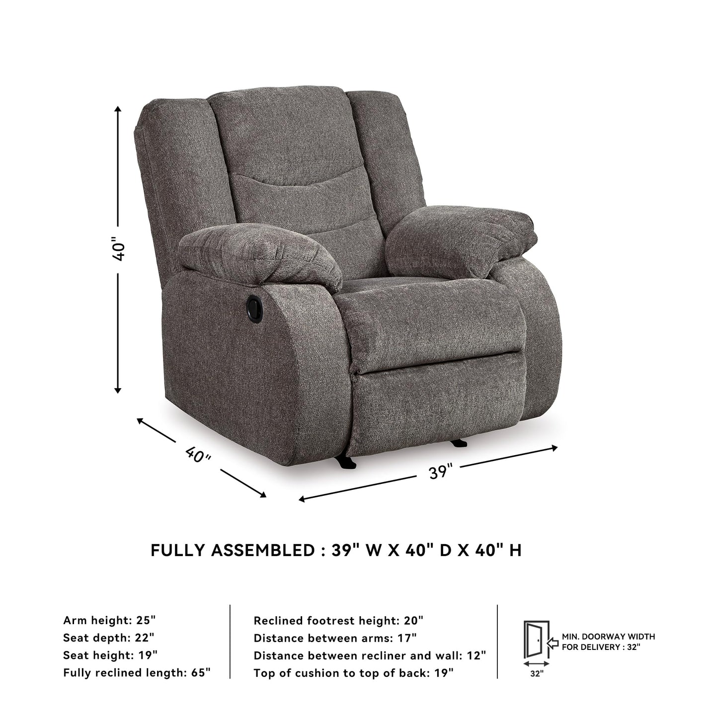 Signature Design by Ashley Tulen Contemporary Rocker Recliner, Gentle Rocking Motion, Pull Tab Reclining, Fabric Upholstery, 39" W x 40" D x 40" H, Dark Gray