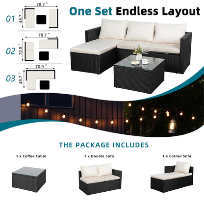 SUNLEI Patio Furniture Set with Detachable Soft Cushions, Outdoor PE Rattan Patio Conversation Sofa Set, 3-Piece Patio Sectional Sofa with Glass Coffee Table, Black Rattan/White