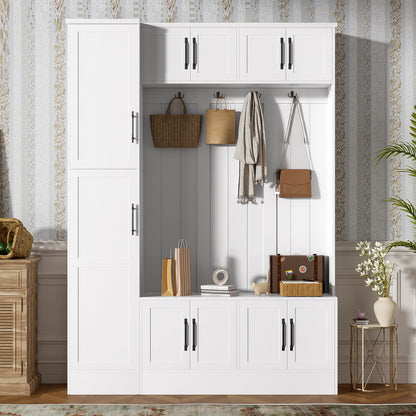 Merax Farmhouse Wood Hall Tree with Shoe Bench & 6 Cabinets, 4-in-1 Coat Rack with 4 Hooks & Adjustable Shelves, Entryway Storage Organizer Cabinet for Entrance, Hallway, Mudroom White