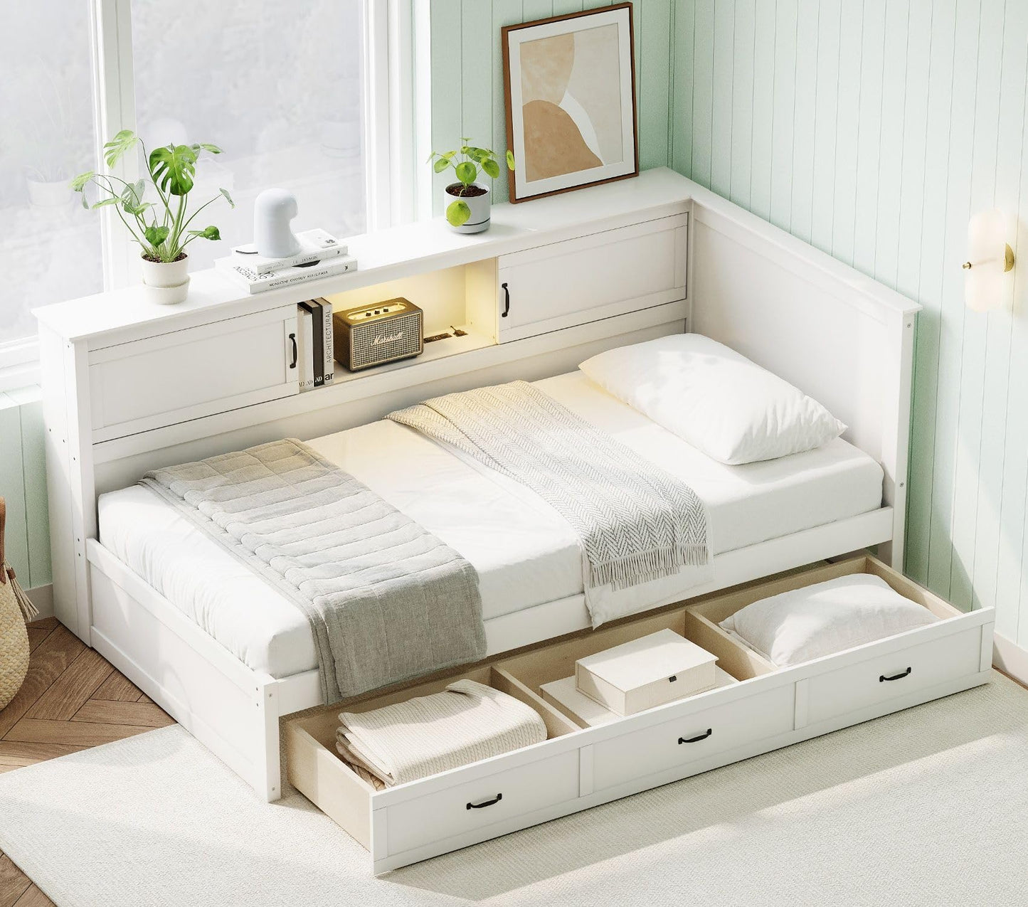 Merax Full Size Corner Bed Frames with Storage Drawers, Bookcase, Charging Station, Led Downlight, Wooden L-Shaped Captain Daybed Platform for Small Room, Bedroom, Guest Room, Kids'Room, White