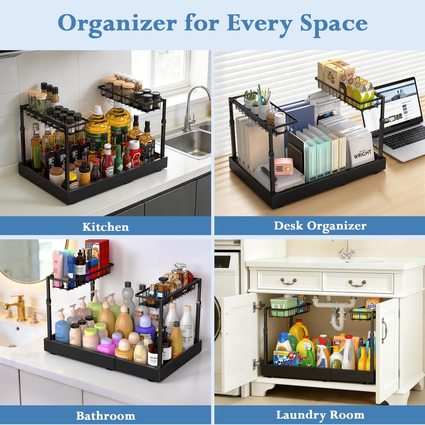 Aisslro Under Sink Organizer, 2 Tier Under the Sink Storage, Expandable Adjustable Slide Out Pull Out Under Cabinet Organizers Shelf, for Kitchen Bathroom Pantry Closet Organization, Black