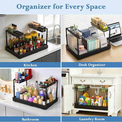 Aisslro Under Sink Organizer, 2 Tier Under the Sink Storage, Expandable Adjustable Slide Out Pull Out Under Cabinet Organizers Shelf, for Kitchen Bathroom Pantry Closet Organization, Black